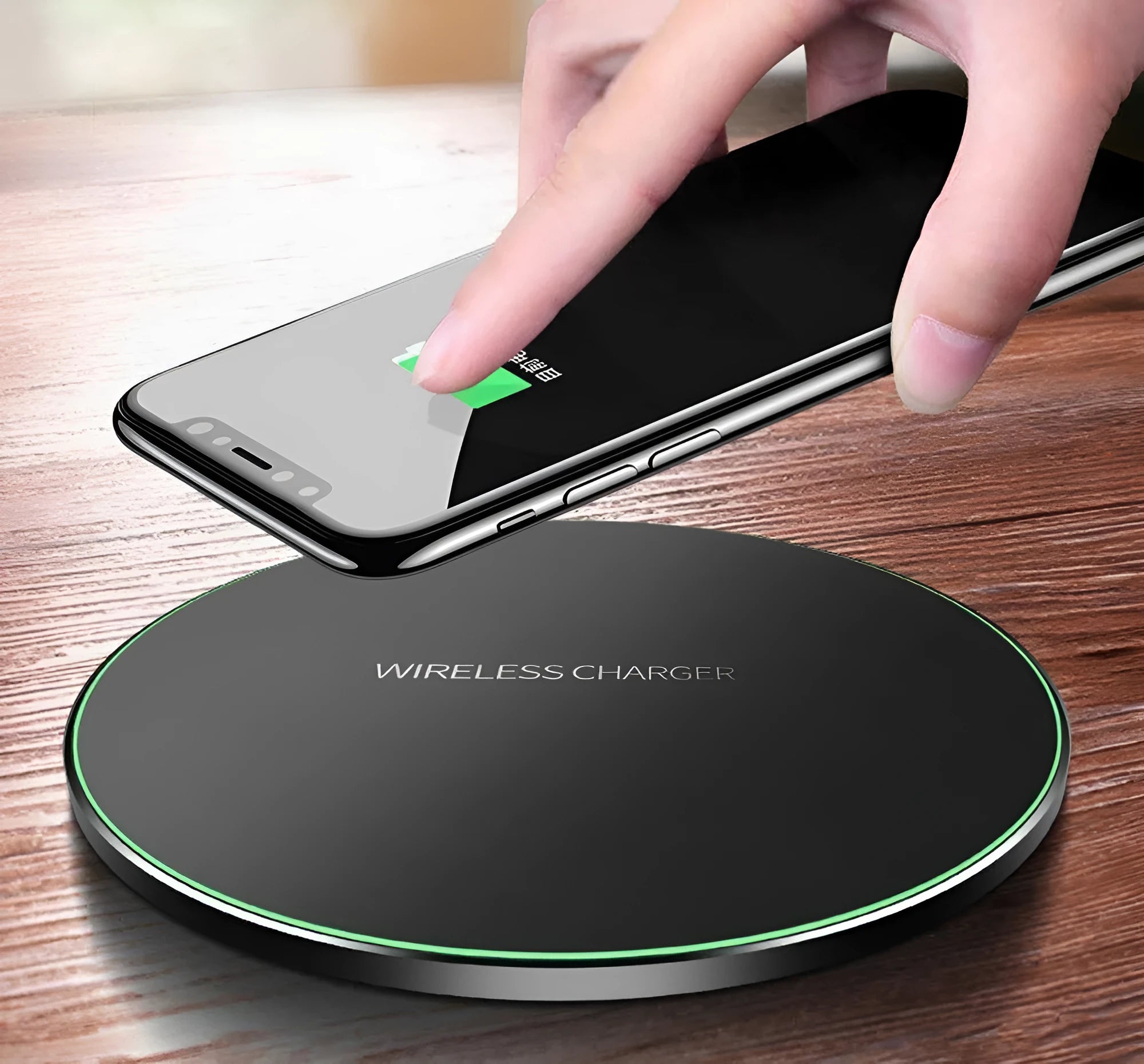 Black square wireless charging pad with ultra-thin profile and USB cable for fast 9V QI charging