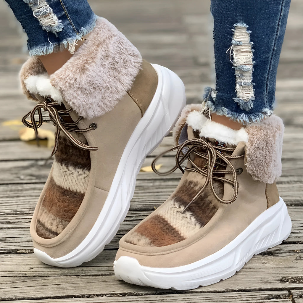 Women's beige lace-up snow boots with suede upper, thick sole, and plush lining