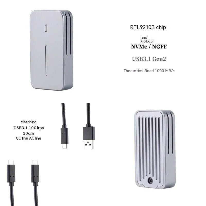 Aluminium alloy external SSD enclosure with CNC-machined shell showing dual protocol support and compact dimensions