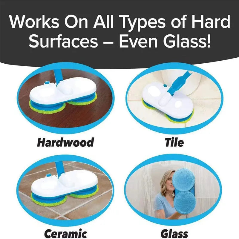 Hand-held cordless electric floor mop with USB charging port and set of washable microfiber, scrubbing, and polishing pads.