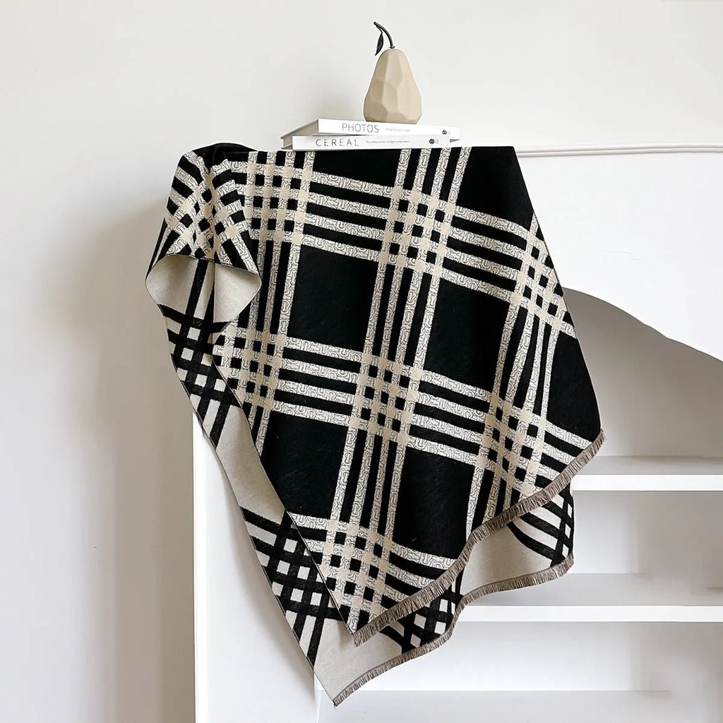 Imitation cashmere scarf with tassels in brown colour showing full 185cm length