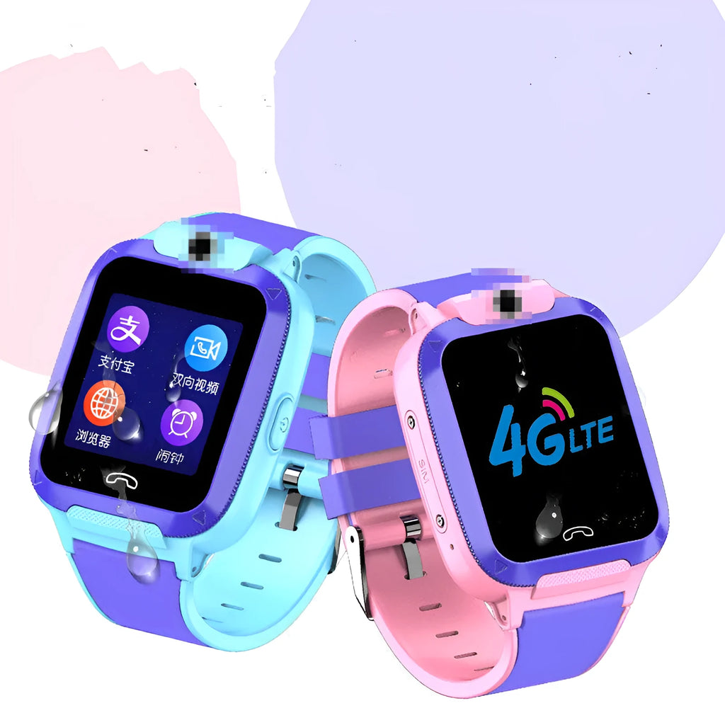 Blue and pink children's smartwatch with 1.44-inch screen for video calls and GPS.