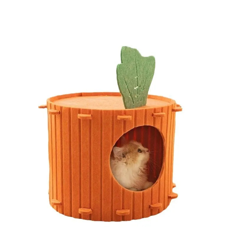 Carrot-shaped grey felt cat tunnel nest, semi-enclosed with drilled openings, shown in two sizes.