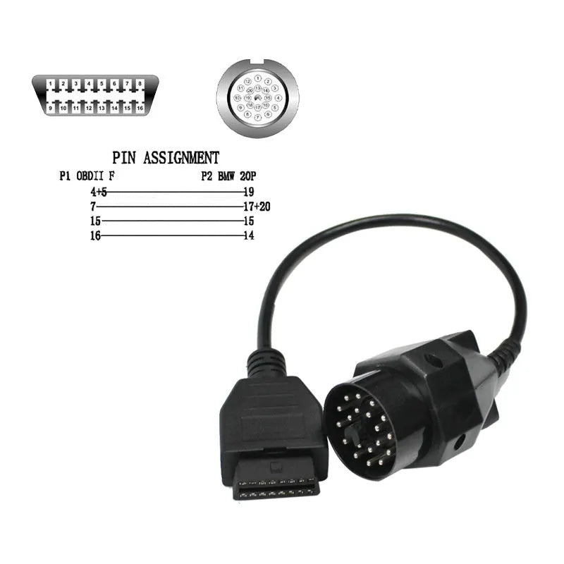 BMW OBD2 diagnostic adapter cable showing 20-pin and 16-pin connectors