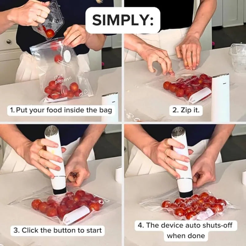White USB portable vacuum sealer pump with five 26x28cm plastic zipper food storage bags