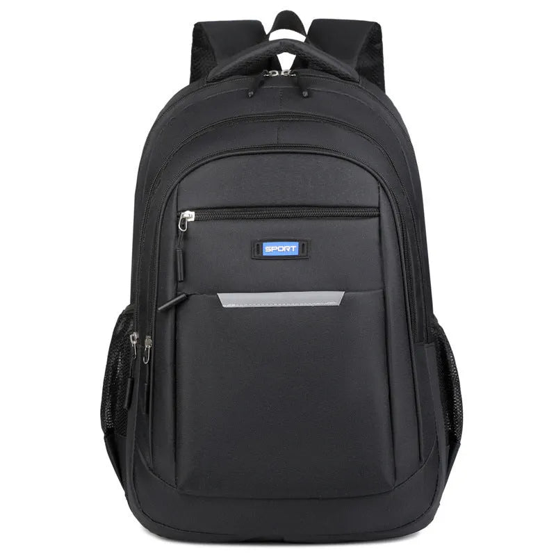 Men's casual Oxford cloth backpack in grey, shown alongside black, green, and blue colour options.