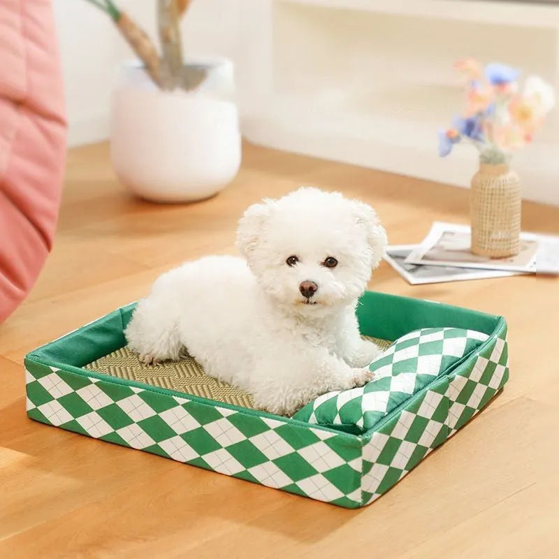 Blue woven rattan cat cooling mat with anti-slip backing placed on a wooden floor.