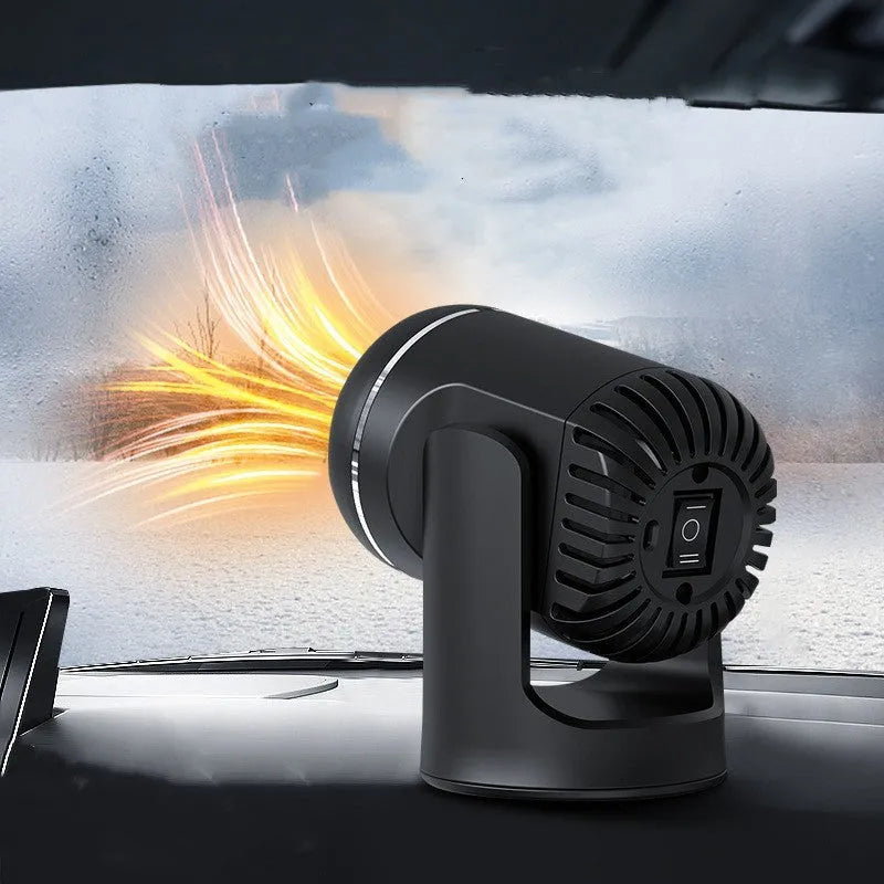 Black and white portable 12V car heater with dual cold/warm function for defrosting windscreens