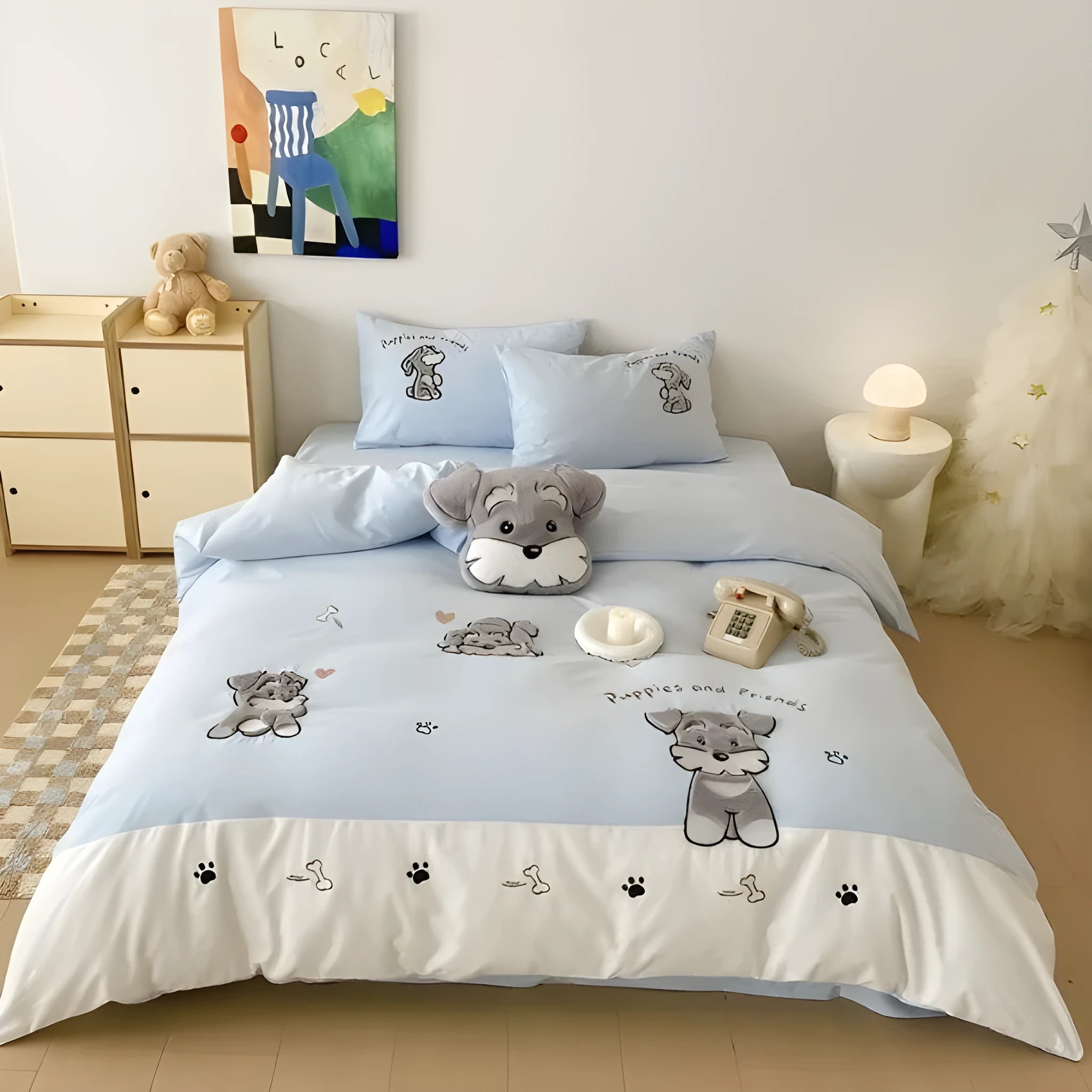 Cute Schnauzer cartoon embroidered bedding set with quilt cover, sheet, and pillowcases on bed