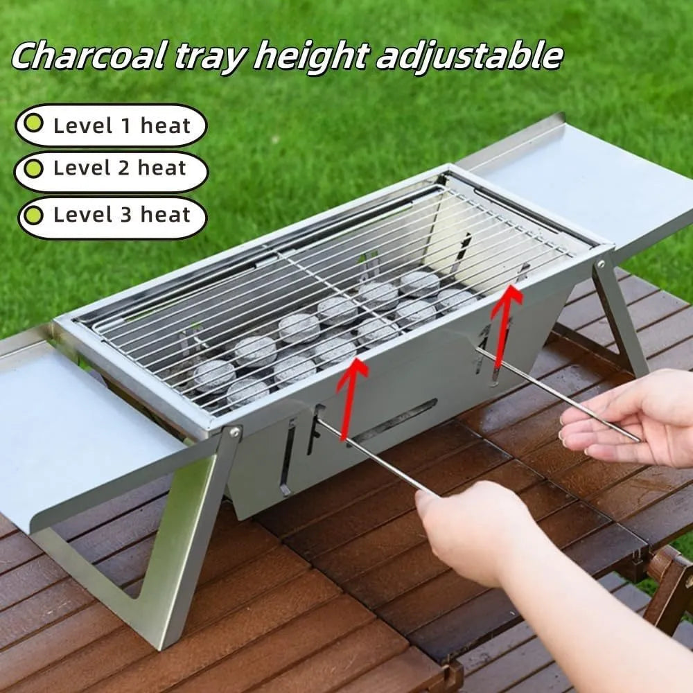 Small foldable steel charcoal grill shown in open cooking position and folded for storage.
