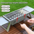 Small foldable steel charcoal grill shown in open cooking position and folded for storage.