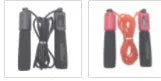 A fitness skipping rope with sponge handles, showing the 3m length and available in black, blue, green, and red colours.