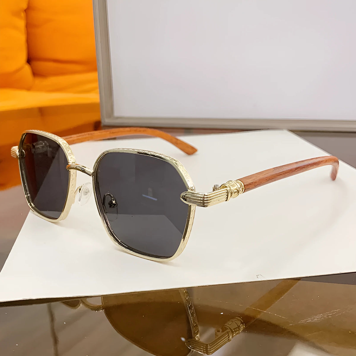 Women's frameless trim glasses with wood grain effect and gold alloy frame in a box style.