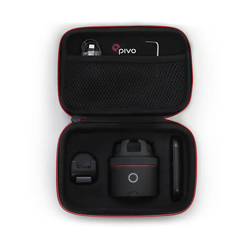 Matte black PIVO facial tracking camera rotating a smartphone on a table.