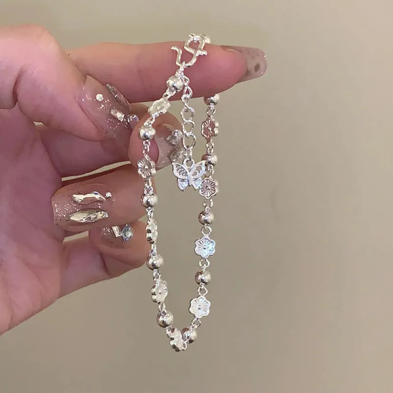 Women's peach heart chain bracelet with butterfly and rose details, alloy, geometric natural style