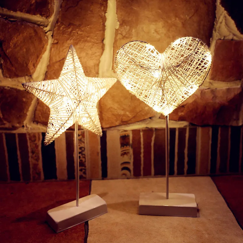 Rattan LED string lights with heart, star, and moon shapes for bedroom decoration