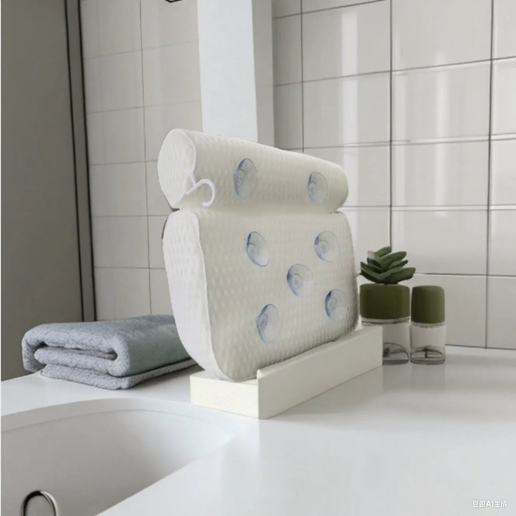 White bathtub pillow with 3D mesh material and suction cups for bathroom use