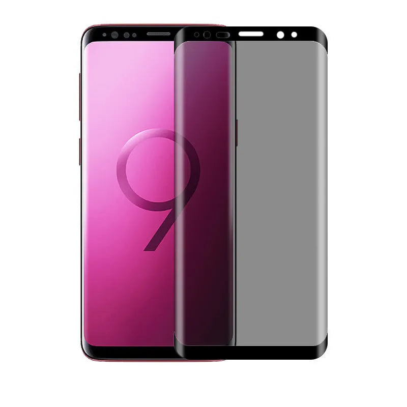 Samsung Galaxy tempered glass screen protector showing full coverage and anti-seeking alignment features
