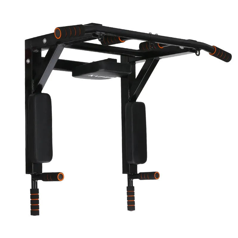 Black steel wall-mounted fitness rack with parallel bars and a sandbag hook.