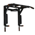 Black steel wall-mounted fitness rack with parallel bars and a sandbag hook.