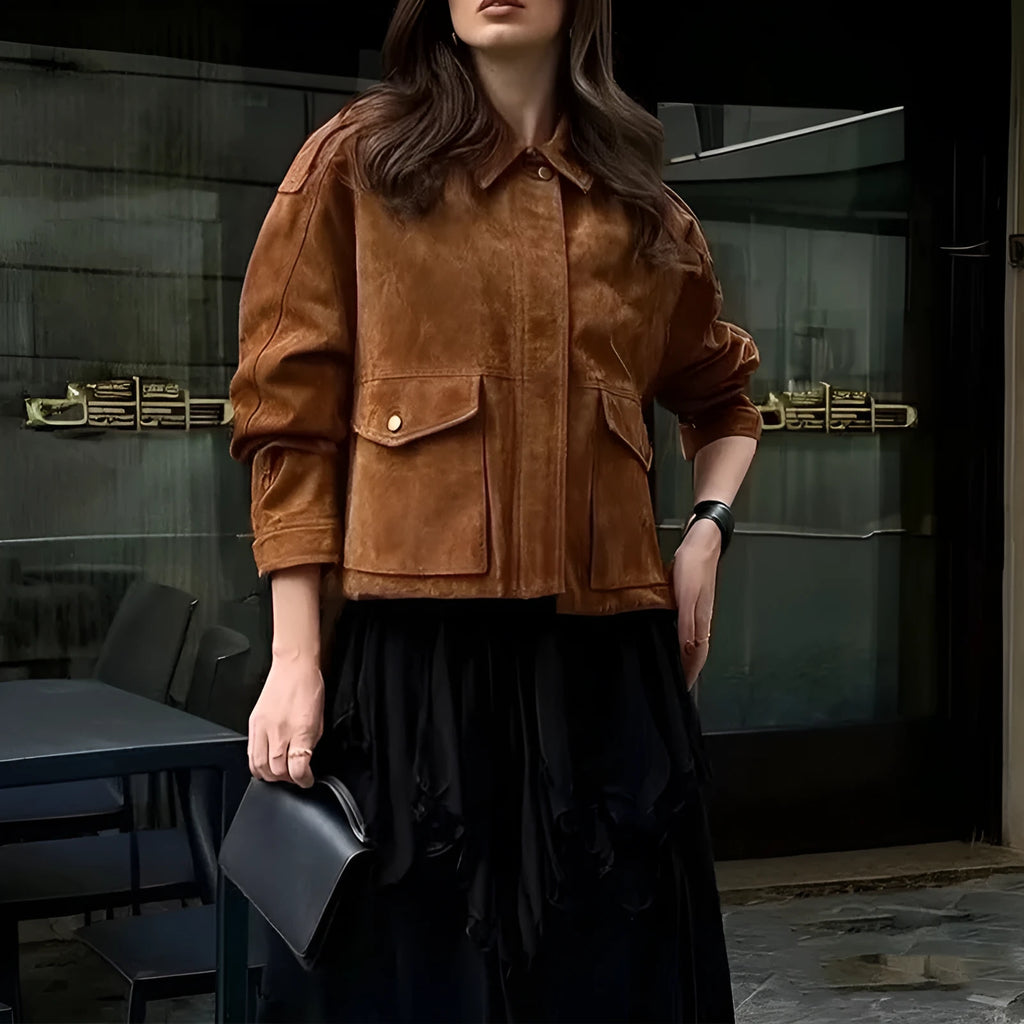Women's brown suede-look polyester coat with regular sleeves in multiple sizes