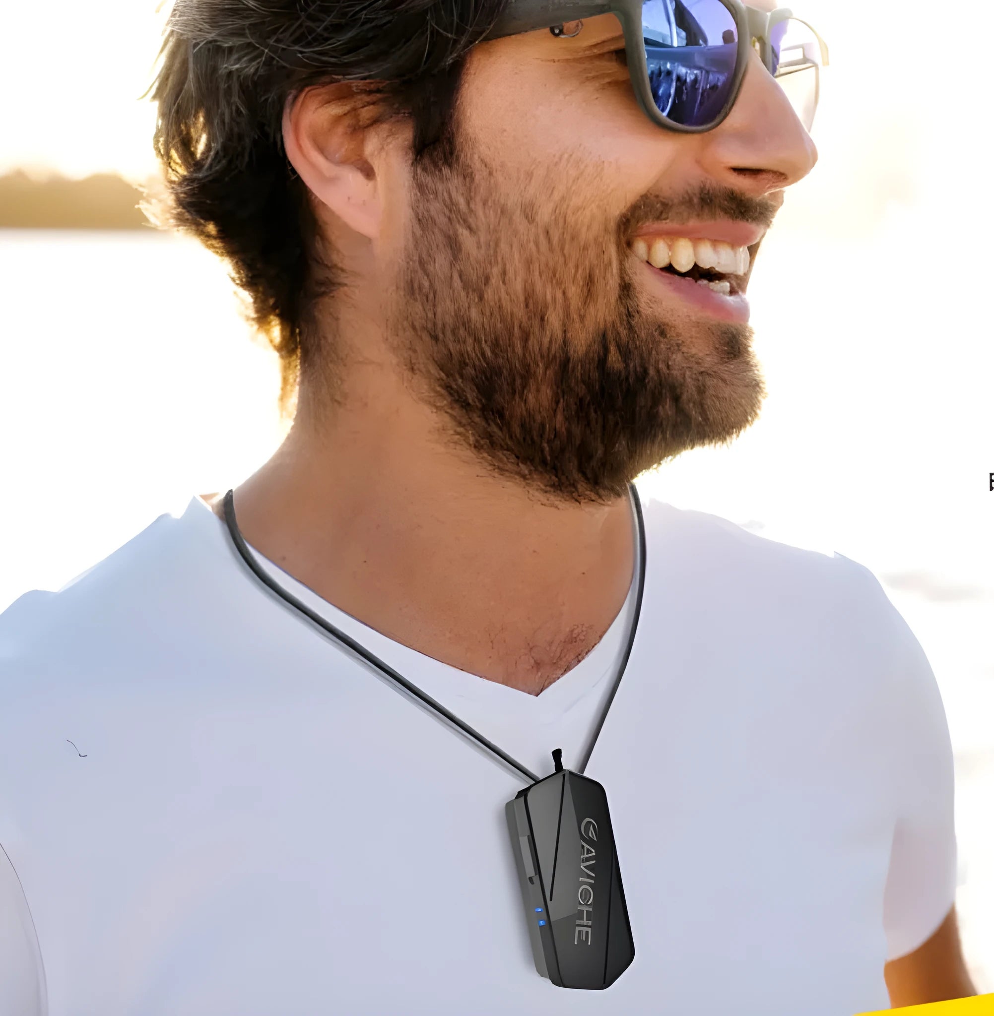 Black portable air purifier necklace measuring 80mm by 37mm by 24mm with USB charging