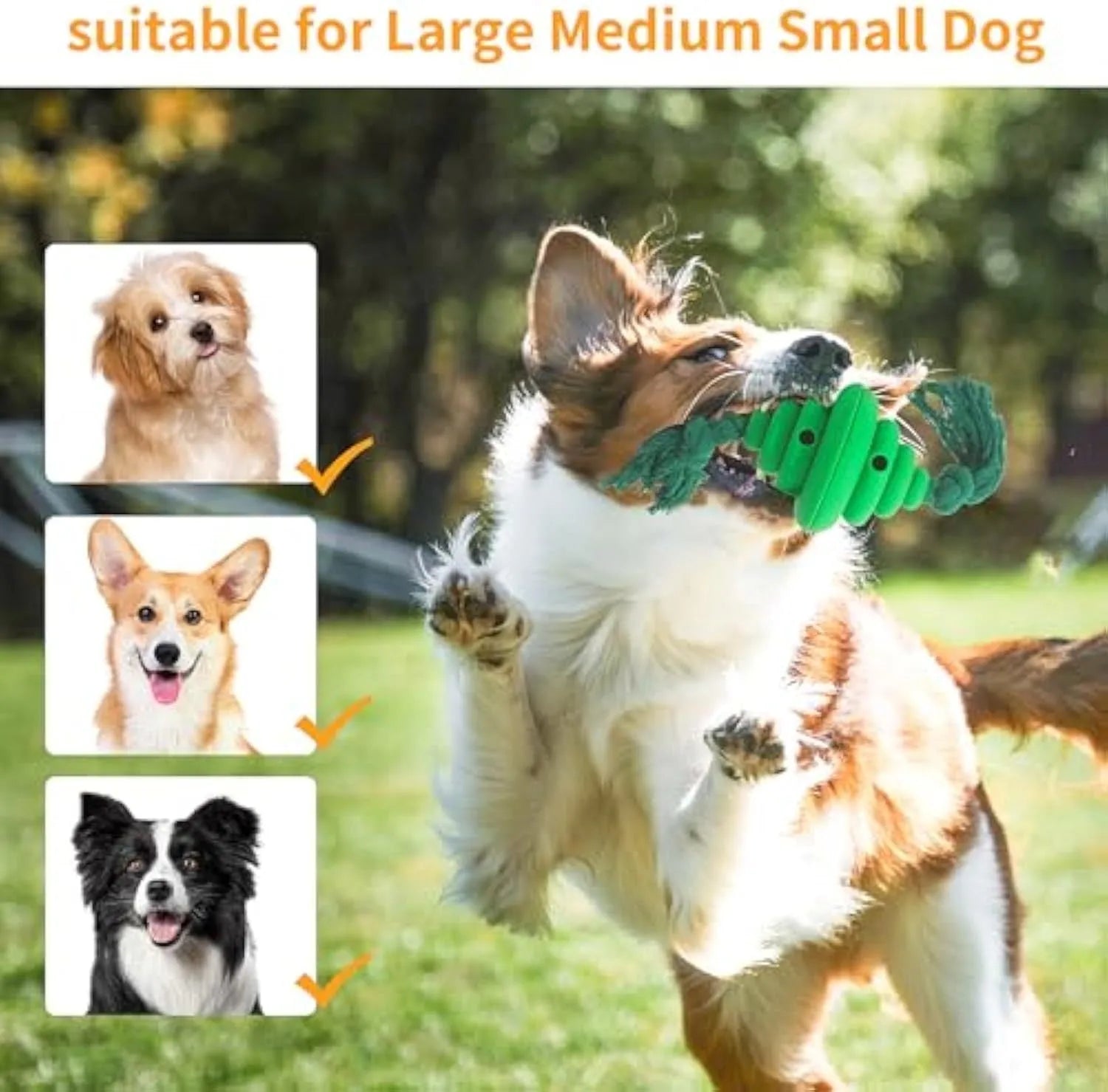 Green and yellow silicone dog ball with knotted rope, a treat-dispensing toy for large dogs.