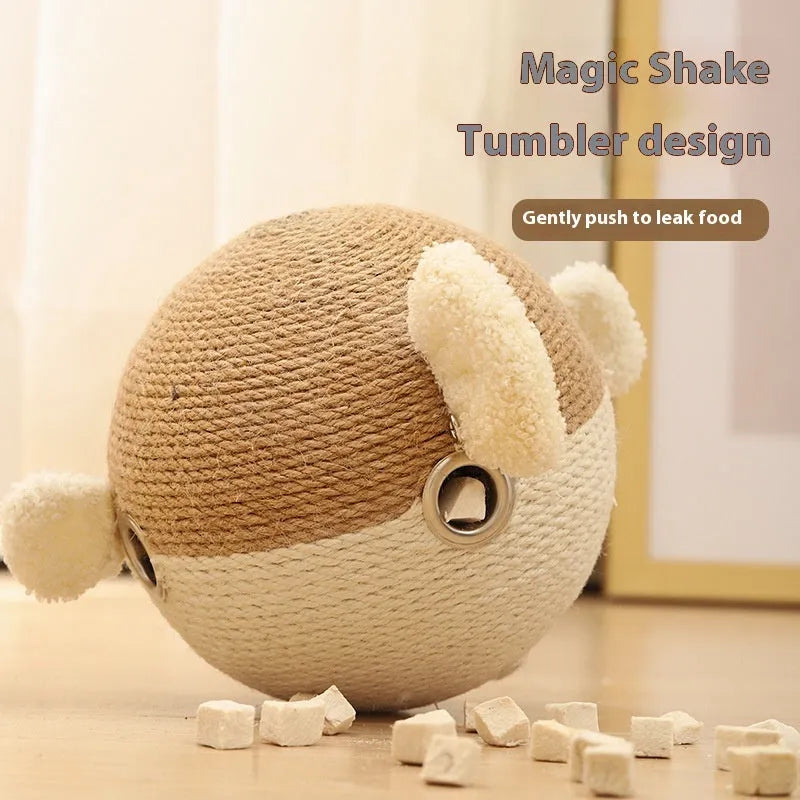 Cube shaped puffer leakage food feeder made of sisal hemp strip measuring 15x15x15cm for dogs and cats