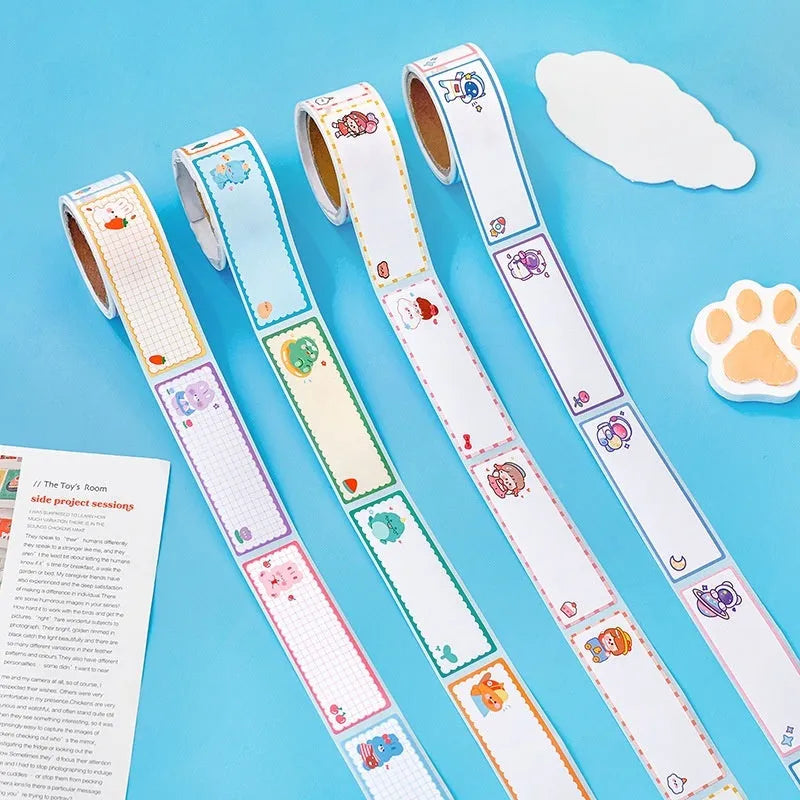 Roll of colourful cartoon name stickers with dinosaur, astronaut, rabbit, and girl designs for labelling.