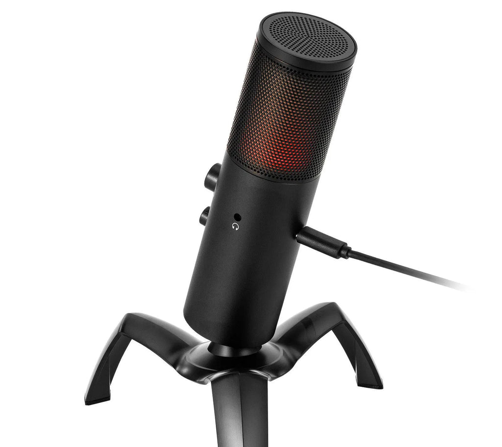 Black Q18 two directional condenser microphone with RGB breathing lamp, metal shell, and adjustable tripod bracket for USB recording