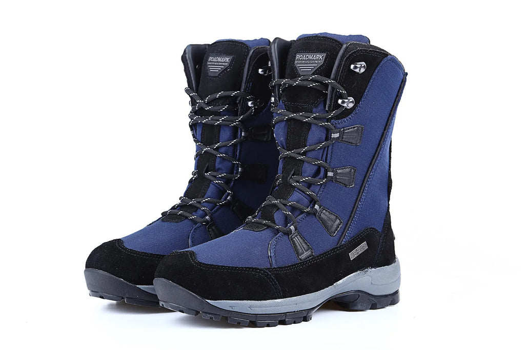 Women's black genuine leather mid-calf thermal snow boots with round toe and rubber sole