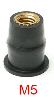 Black rubber expansion nut fasteners with brass inserts for motorcycle modifications in M4, M5, M6 sizes