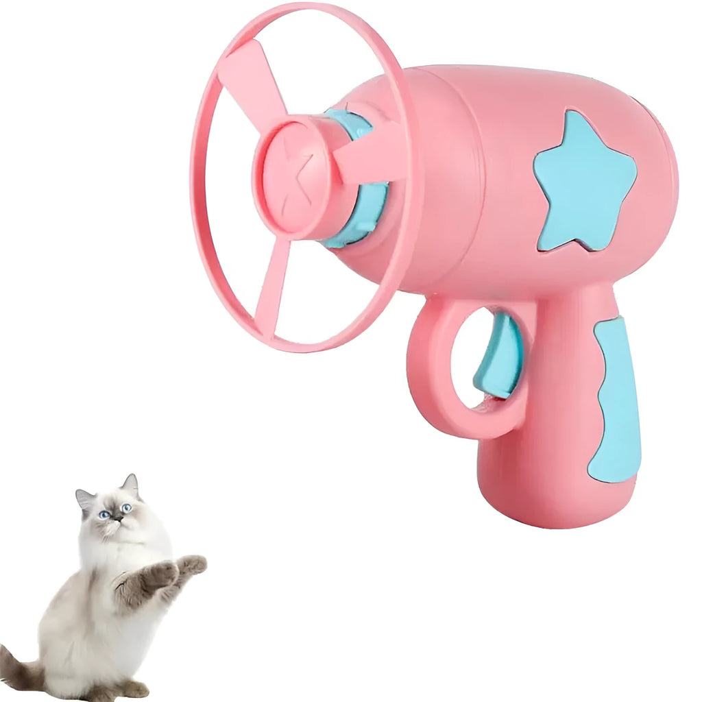 Blue plastic cat toy gun with spinning mechanism and flying disc for indoor feline play