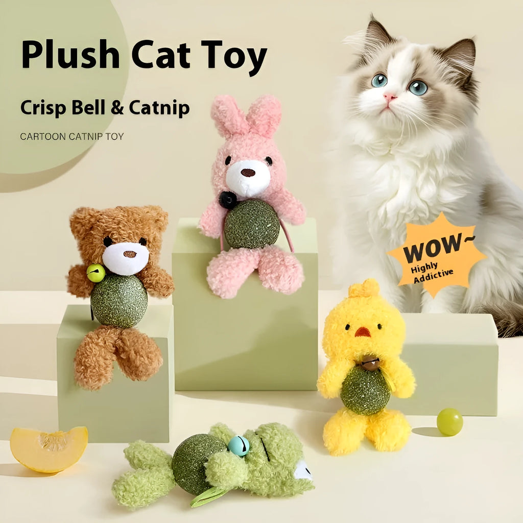 Plush cat toy with catnip ball and bell in brown bear, pink rabbit, piyopiyo or green frog colours