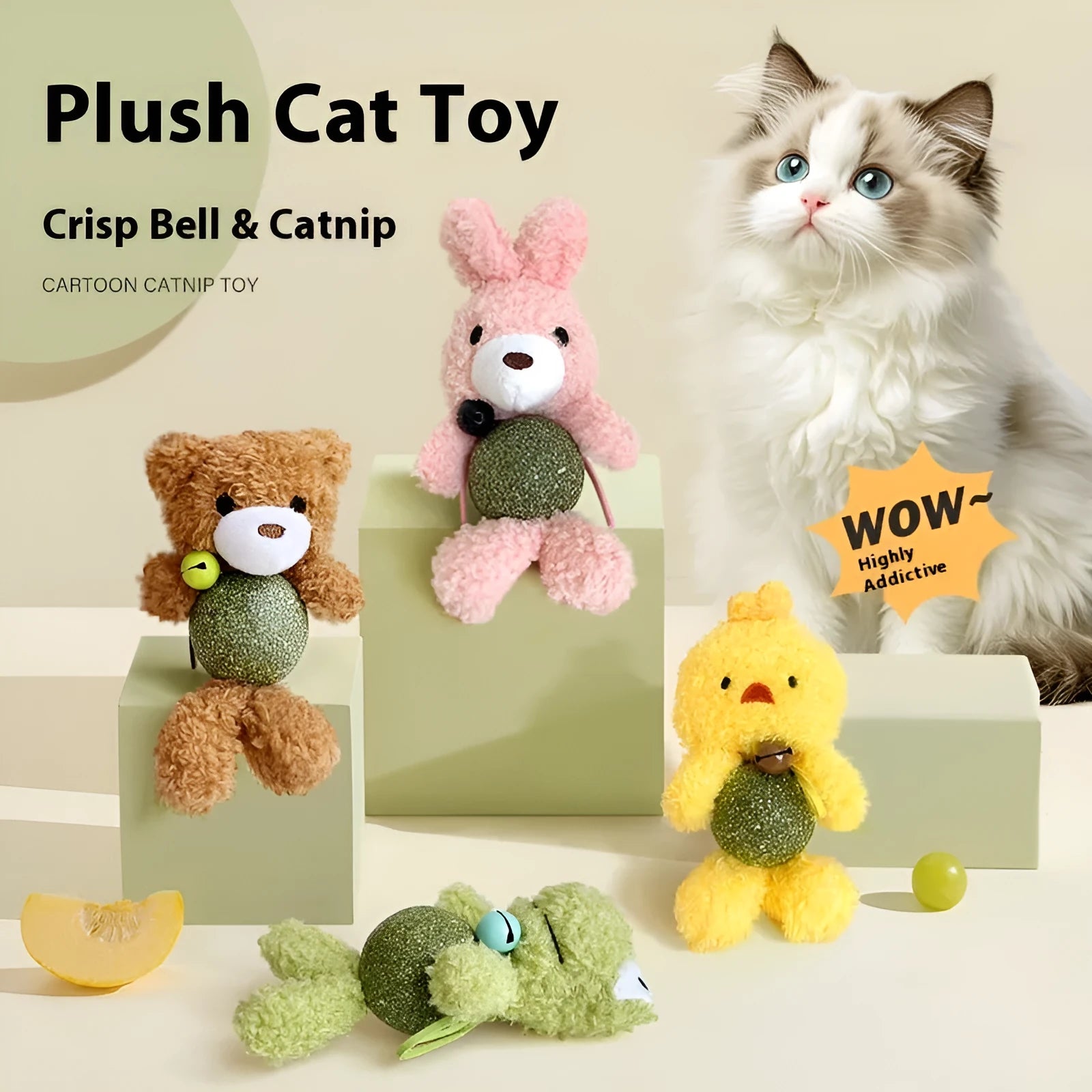 Plush catnip toy in animal design with bell, showing mint ball core for feline bite relief