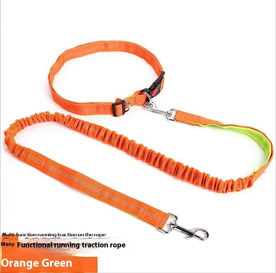 Grey and green two-tone nylon dog leash with reflective threads and an elastic section for outdoor running.