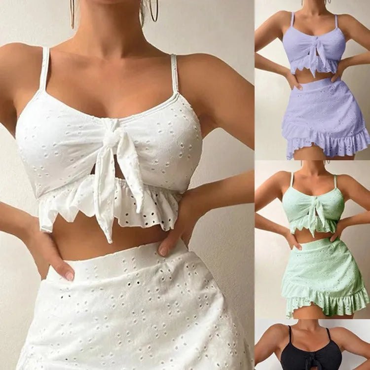 Women's three-piece bikini swimsuit with split hip skirt in solid colour options