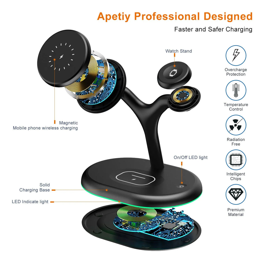Black magnetic wireless charger with power bank and phone stand functions