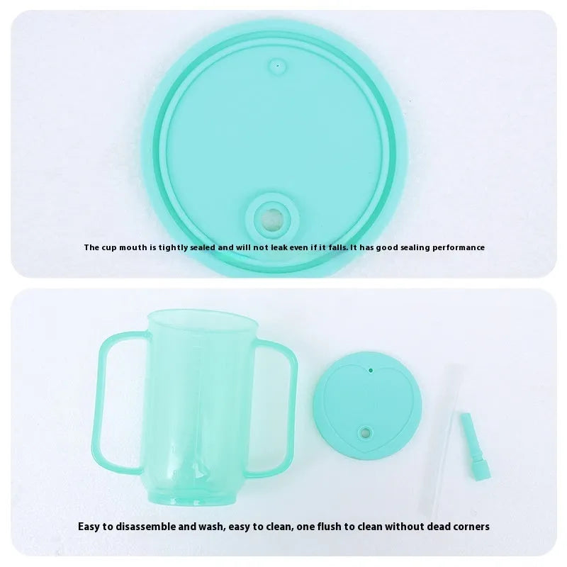 Adult care bed drinking cup with handle and lid, shown in oblique mouth choke proof style
