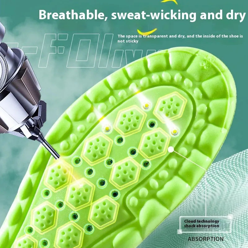 Green PU sports insole with air cushion and arg wormwood for sizes 35-46 showing thickened breathable design