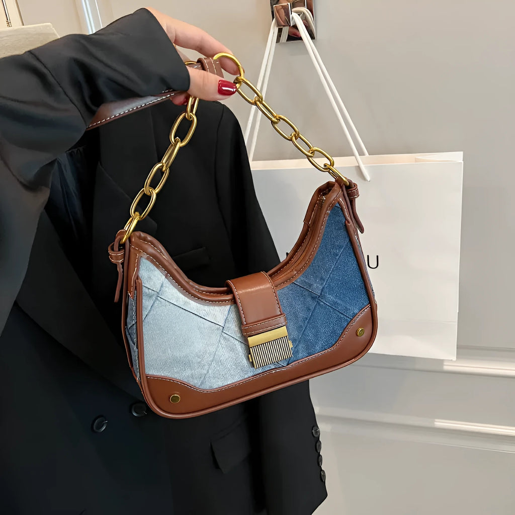 Brown denim women's shoulder bag with diamond mesh panel and chain strap detailing