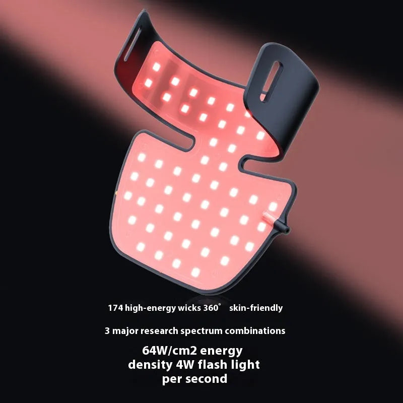 Black LED photon light therapy face mask with neck piece for at-home skin treatment.