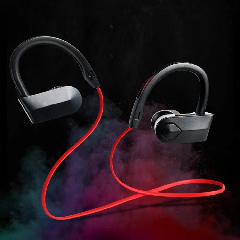 Wireless neck mounted Bluetooth earphones in black colour with neckband design and in-ear speakers