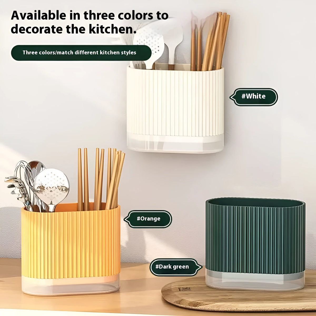 Plastic wall-mounted chopstick tube holder with drainage channels in beige, green or orange colours