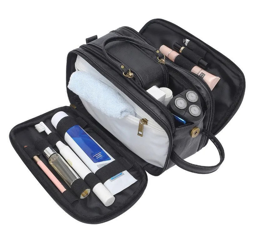 Men's black or brown PU toiletries bag with zipper closure for travel cosmetic storage