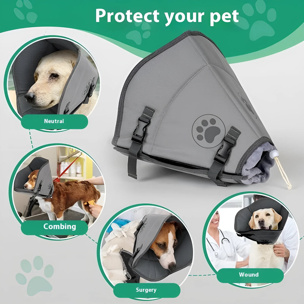 Pet sterilisation collar with adjustable ring in polyester material showing double and single layer options
