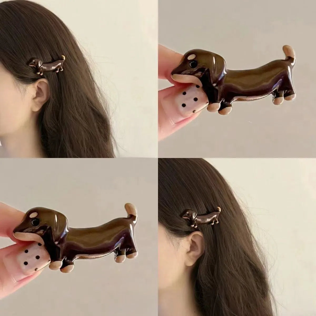 Dachshund dog shaped hair clips with electroplated finish, delicate loose design