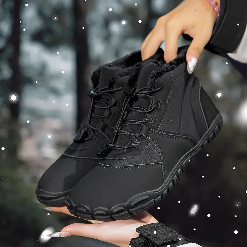 Outdoor snow boots in black, khaki, or pink with lace-up front and rubber sole
