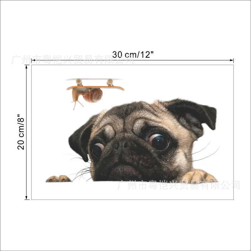 S-53 pug watch snail 3D cartoon sticker in pet material, 30 x 20cm, for car windows and notebooks.