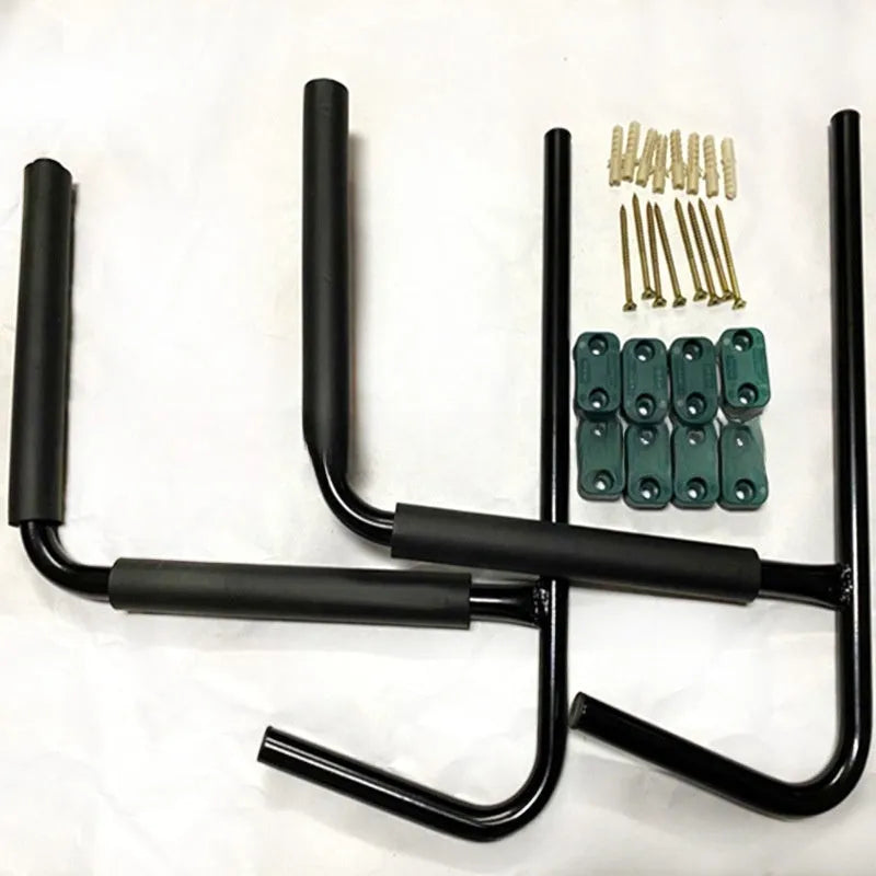 Carbon steel kayak and surfboard wall storage hanger rack mounted on a wall